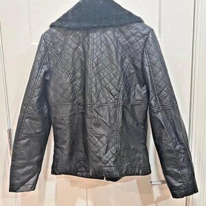 Therapy Red Quilted Black Faux Leather Jacket with Sherpa Collar, Large
